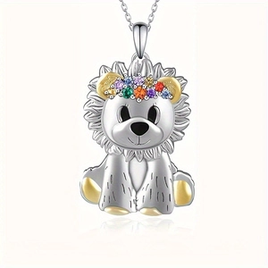 Exquisite cartoon lion pendant necklace with colorful gemstone wreath and gold accents