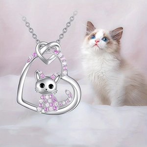 Cute Cartoon Cat Heart Pendant Necklace Alloy Inlaid Pink White Rhinestone Silver Necklace Jewelry For Women Kids Girls Gift