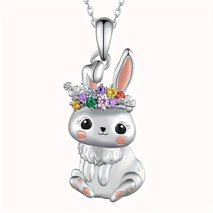 Schattige konijn hanger ketting in zilver met kleurrijke zirkoon bloemenkrans
