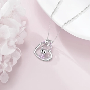 Cute heart cat pendant necklace in silver with pink zircon stones for women and kids