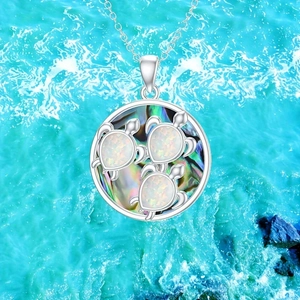 Elegante Collar con Colgante de Tortuga de Aleación Redondo Acrílico Falso Ópalo Concha de Abulón Cadena Plateada Joyería Animales Marinos Mujer Playa
