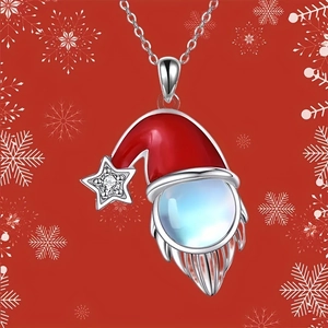 Collana con Ciondolo Gnomo di Natale Smalto Rosso Cappello di Babbo Natale Lega Pietra di Luna Zirconia Stella Girocollo per Donna Regalo di Capodanno Gioielli