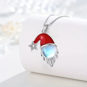Collana con ciondolo gnomo di Natale con cappello rosso e pietra di luna blu