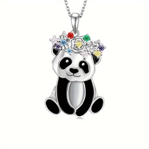 Exquisite panda pendant necklace set with colorful zircon crown in polished silver finish
