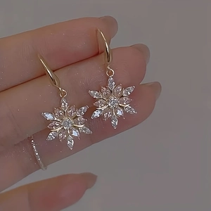 Damen Eleganter Vergoldeter Legierung Zirkonia Schneeflocke Anhänger Halskette Und Ohrstecker Weihnachten Winter Schmuck Geschenk