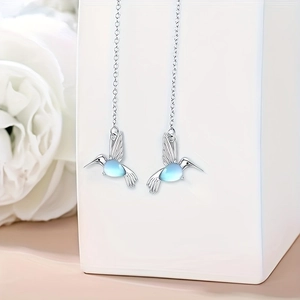 Orecchini a goccia a forma di colibrì in argento con pietre preziose blu chiaro