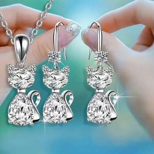 Funkelndes Kristall Katzen Halsketten und Ohrring Set mit silberfarbenem Metall