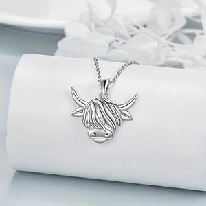 Collar con colgante de vaca de las Highlands retro en plata 925 pulida para hombre y mujer