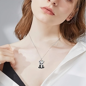Cute panda necklace with colorful rhinestones floral wreath worn by a model