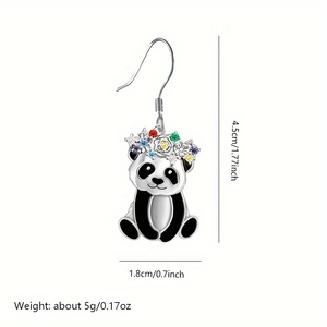 Cute panda earrings with colorful rhinestone floral crown and silver hook detail
