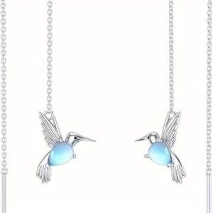 Eleganti orecchini a monachella colibrì con gemme azzurre e lunghe catene d'argento