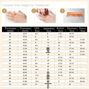 Ring size guide with measurement steps and international sizing chart from 48mm to 70mm