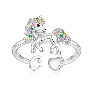 Unicorn open ring with colorful crystals, heart charm and letter C in silver finish