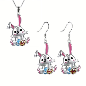 Parure bijoux lapin rose mignon avec collier pendentif émaillé et boucles d'oreilles