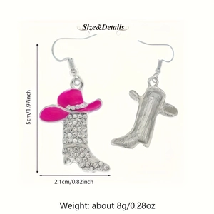 Detailed view of rhinestone cowboy boot earrings with pink hat accents and dimensions