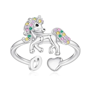 Detail of colorful crystals on unicorn mane with adjustable open silver ring band