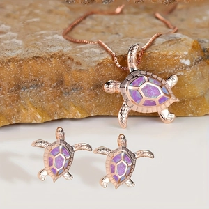 Schmuckset Schildkröte Roségold mit lila Opal Inlay inklusive Halskette und Ohrringen
