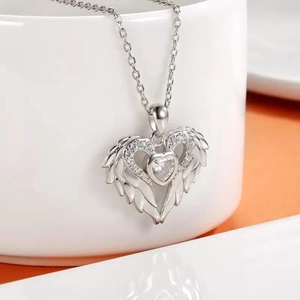 Elegant silver angel wing heart necklace with sparkling clear zircon stone pendant