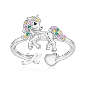 Unicorn open ring with colorful crystals, letter K and heart in silver finish