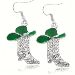 Sparkly Western cowboy boot and green hat earrings with silver rhinestones