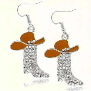 Detail of silver western cowboy boot earrings with sparkling rhinestones and brown hats