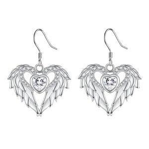 Elegant silver angel wing heart drop earrings with sparkling zirconia inlays
