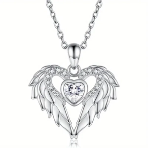 Classic silver angel wings heart pendant necklace with shimmering cubic zirconia