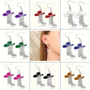 Western Cowboy Boot Hat Dangle Earrings Alloy Rhinestone Enamel Vintage Drop Earrings With Stainless Steel Earring Post