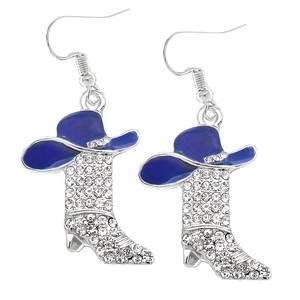 Sparkling western cowboy boot earrings with blue enamel hat and white rhinestones