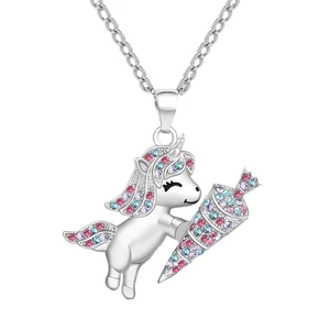 Charming unicorn pendant necklace with colorful rhinestones on a polished silver chain
