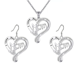 Silver heart jewelry set with I love you Mom engraving and sparkling cubic zirconia