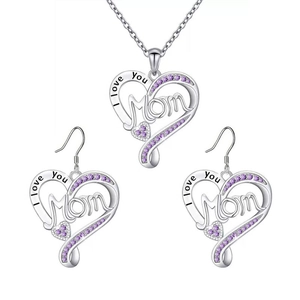 Silver necklace and earrings set with purple heart pendant and I love you Mom engraving