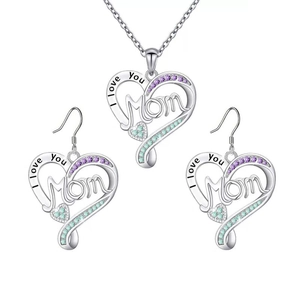 I Love You Mom heart necklace and earrings set with purple and mint green crystals