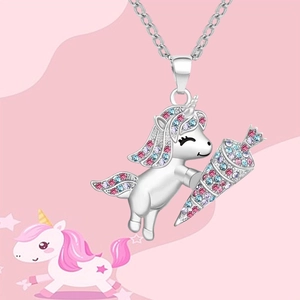 Fashionable unicorn necklace for kids with colorful rhinestones on silver pendant