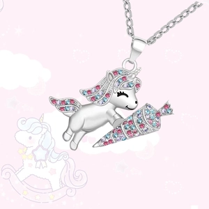 Cute unicorn pendant necklace with colorful pink and blue crystals for kids in silver finish