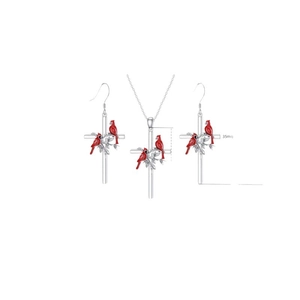 Cross necklace and earring set with cardinal bird and leaves, 35mm silver pendant