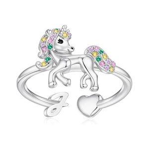 Silver unicorn open ring with colorful crystals, letter J and heart details