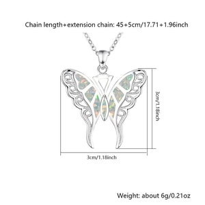 Detalles del collar de mariposa con alas de ópalo, medidas del colgante y la cadena de plata