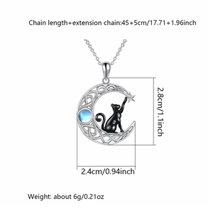 Star Moon Black Cat Necklace with Blue Moonstone Pendant and Celtic Pattern Details