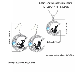 Detailed size specifications for the moon cat necklace and earring set with moonstone