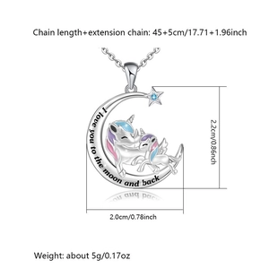 Unicorn moon necklace engraved with I love you to the moon and back and blue gem