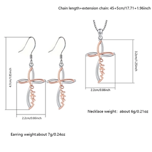 Detailed size measurement diagram of cross necklace and earrings set with faith engraving