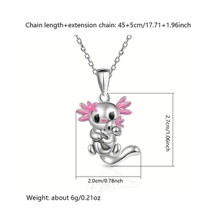 Cartoon axolotl mother and child pendant necklace in silver finish with pink accents