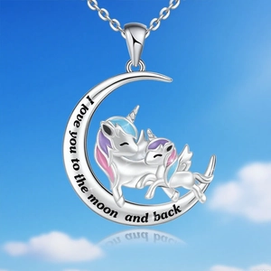 Alloy Unicorn Moon Pendant Necklace Earrings Jewelry Set With Zirconia Enamel I Love You To The Moon And Back Engraved Gift For Women Girls