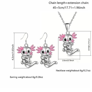 Detailed view of pink axolotl necklace and earrings set with size and weight specs