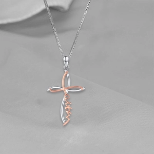 Minimalist two-tone cross necklace with Faith lettering and polished box chain for women