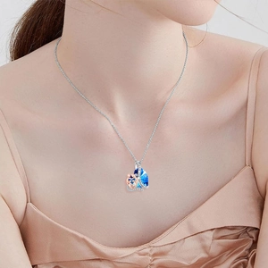 Blue heart crystal necklace for women with rose gold silhouette and I love you forever text