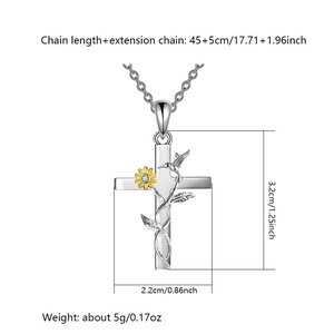 Silver cross necklace with gold sunflower and hummingbird pendant showing dimensions