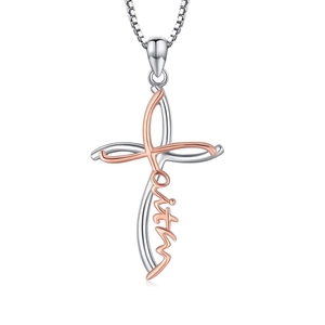 Detail of cross necklace with rose gold faith letter pendant and silver cross texture