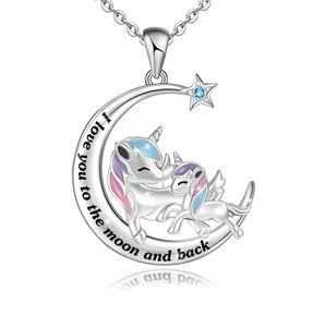 Silver unicorn moon necklace with I love you to the moon and back engraving